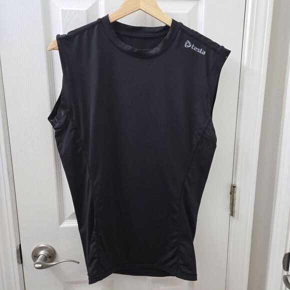Tesla Sleeveless Shirt Mens L Black Logo Crew Neck Pullover Athletic Fitted Slim - Picture 1 of 5